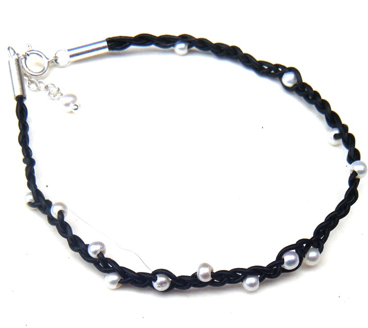 White Pearls on Plaited Leather Anklet